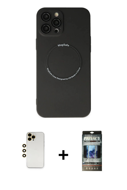 iPhone 12 Pro Kılıf Zirve Klasik Prime - Siyah 34D Hayalet Izgaralı Cam + Gold Shine Kamera Len