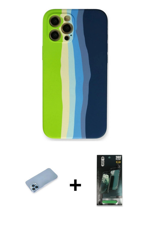iPhone 12 Pro Max Kılıf Yadigar Çizgi - Şeffaf 360 Full Body Arka Koruyucu + Mavi Shine Kamera