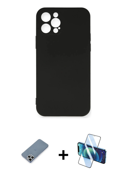 iPhone 12 Pro Max Kılıf Ahenk Serisi - Siyah 3D Antistatik Seramik Nano Ekran Koruyucu + Gümüş