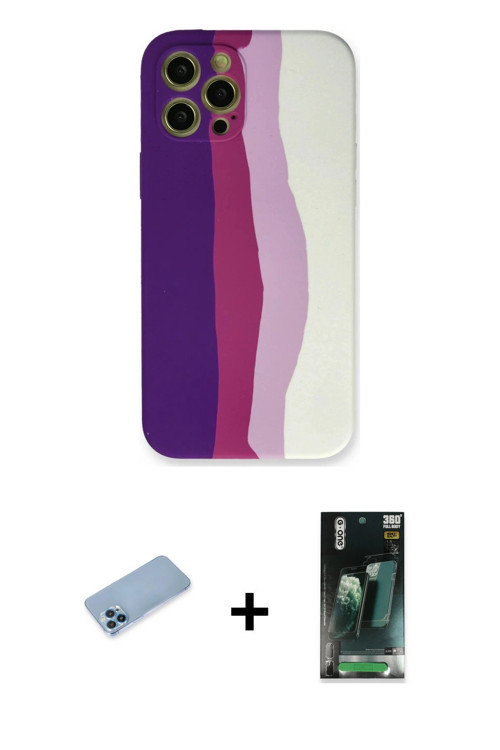 iPhone 12 Pro Max Kılıf Yadigar Çizgi - Şeffaf 360 Full Body Arka Koruyucu + Mavi Shine Kamera