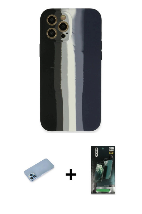 iPhone 12 Pro Max Kılıf Yadigar Çizgi - Şeffaf 360 Full Body Arka Koruyucu + Mavi Shine Kamera