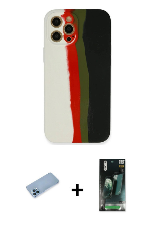 iPhone 12 Pro Max Kılıf Yadigar Çizgi - Şeffaf 360 Full Body Arka Koruyucu + Mavi Shine Kamera