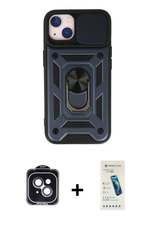 iPhone 14 Kılıf Ahenk Klasik - Şeffaf Pasifik Cam Ekran Koruyucu + Siyah PVD Metal Kamera Lens