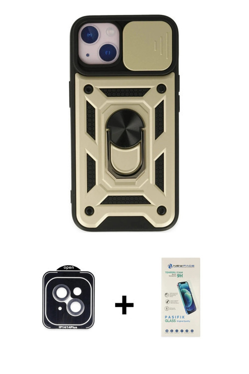 iPhone 14 Kılıf Ahenk Klasik - Şeffaf Pasifik Cam Ekran Koruyucu + Siyah PVD Metal Kamera Lens
