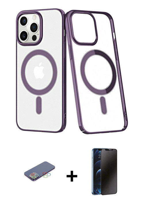 iPhone 13 Pro Max Kılıf Yörünge Minimal - Siyah 3D Antistatik Hayalet Cam Ekran Koruyucu + Mavi