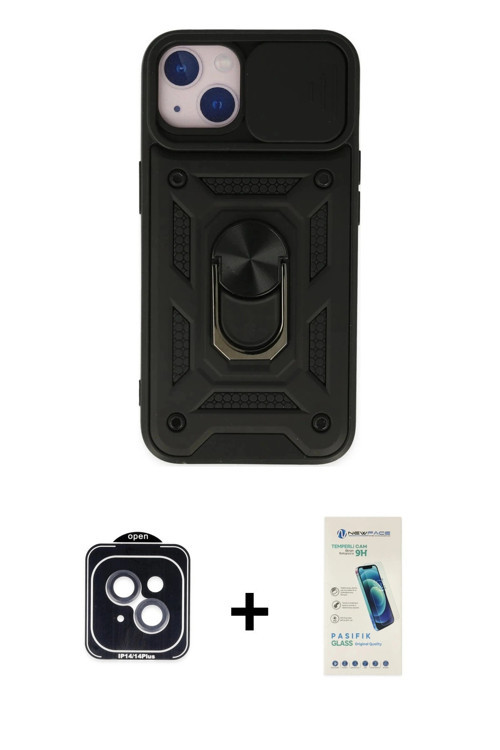 iPhone 14 Kılıf Ahenk Klasik - Şeffaf Pasifik Cam Ekran Koruyucu + Siyah PVD Metal Kamera Lens