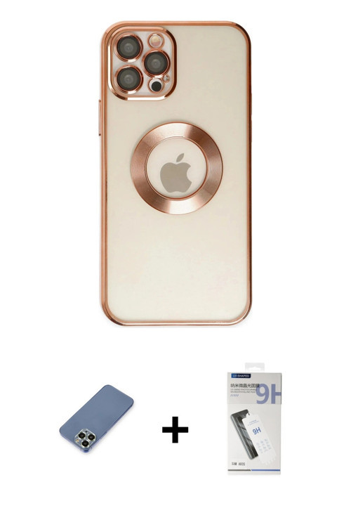ieg™ iPhone 12 Pro Kılıf Pusula Form - Şeffaf Uv Polymer Nano Ekran Koruyucu + Açık Yeşil Metal Kame