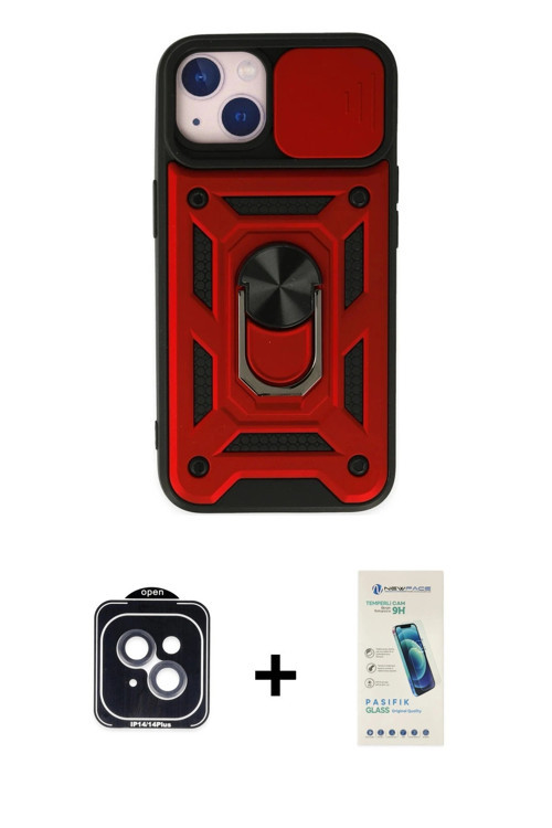 iPhone 14 Kılıf Ahenk Klasik - Şeffaf Pasifik Cam Ekran Koruyucu + Siyah PVD Metal Kamera Lens