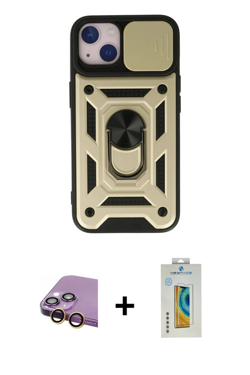 ieg™ iPhone 15 Kılıf Ahenk Klasik - Siyah Polymer Nano Ekran Koruyucu + Sarı Raze Metal Kamera Lens