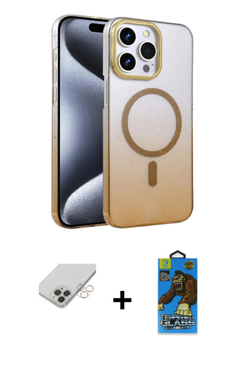 ieg™ iPhone 14 Pro Max Kılıf Ahenk Doku Özel Seri - Siyah 18D Cam Ekran Koruyucu + Gold Band Metal K