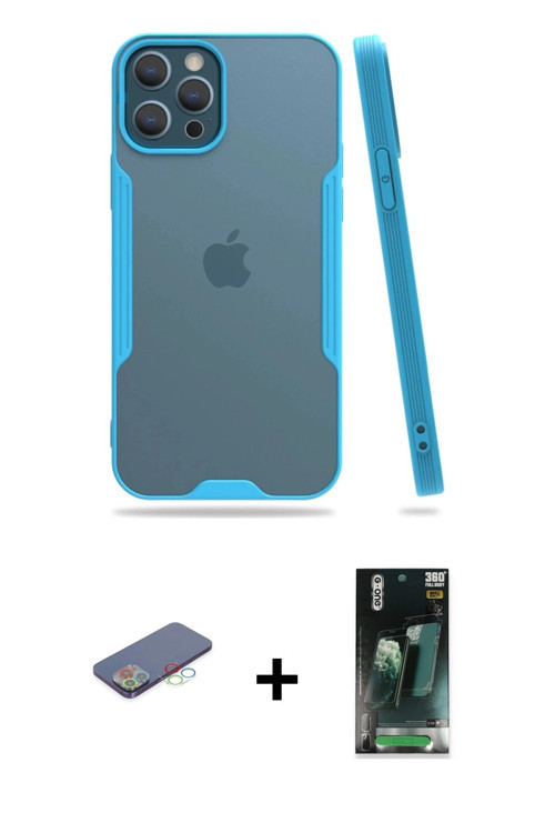 iPhone 12 Pro Max Kılıf Atlas Asil Serisi - Siyah 360 Mat Full Body Arka Koruyucu + Mavi Renkli