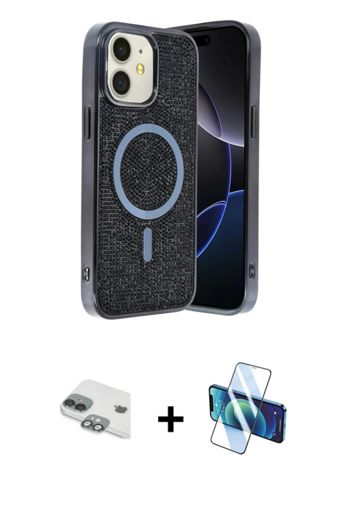 iPhone 11 Kılıf Eksen Çizgi - Siyah 3D Antistatik Cam Ekran Koruyucu + Yeşil Pers Alüminyum Kam
