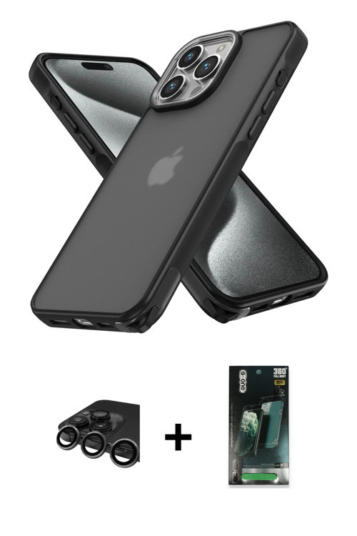 iPhone 15 Pro Kılıf Atlas Form - Siyah 360 Mat Full Body Arka Koruyucu + Titanyum Gri Raze Meta