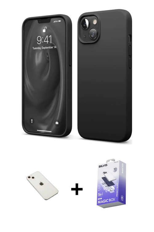 ieg™ iPhone 14 Kılıf Kozmos Yansıma Özel Seri - Siyah Bilvis 5in1 5D Magic Hayalet Cam Ekran Koruyuc