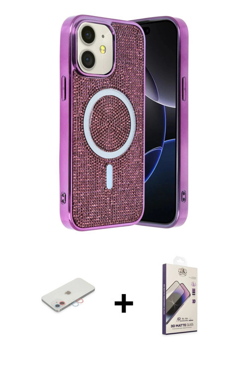 iPhone 11 Kılıf Eksen Çizgi - Siyah Bilvis 3D Mat Cam Ekran Koruyucu + Pembe Renkli Kamera Lens
