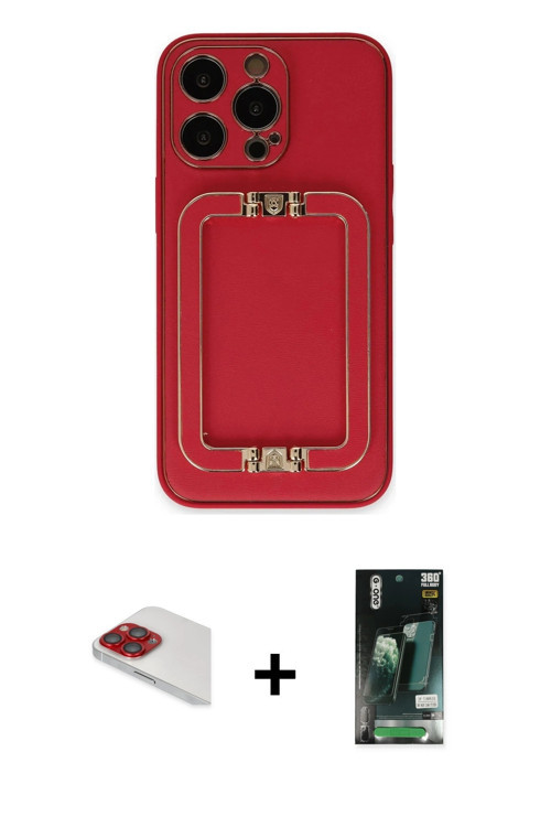 iPhone 13 Pro Max Kılıf Kozmos Minimal Prime - Şeffaf 360 Full Body Arka Koruyucu + Kırmızı Per