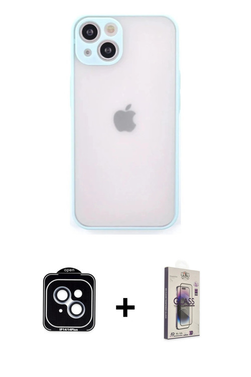 iPhone 14 Kılıf Ahenk Çizgi Serisi - Siyah Bilvis 3D Cam Ekran Koruyucu + Mavi PVD Metal Kamera