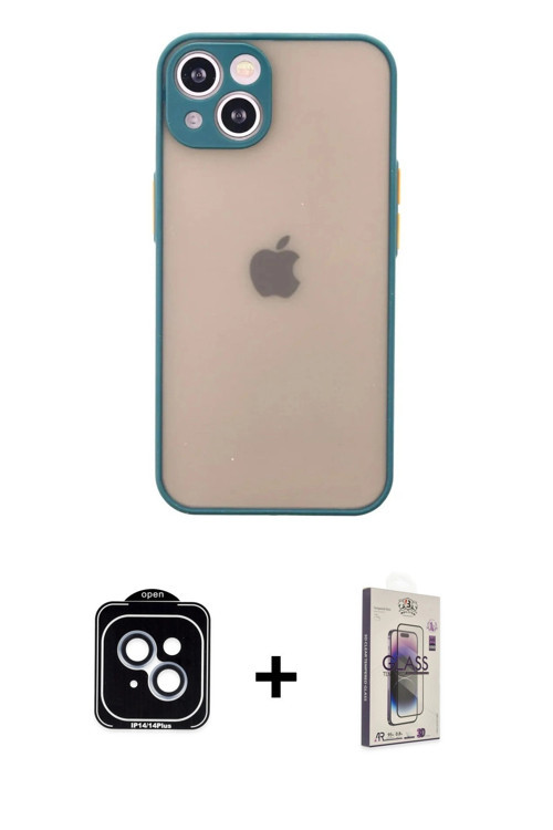 iPhone 14 Kılıf Ahenk Çizgi Serisi - Siyah Bilvis 3D Cam Ekran Koruyucu + Mavi PVD Metal Kamera