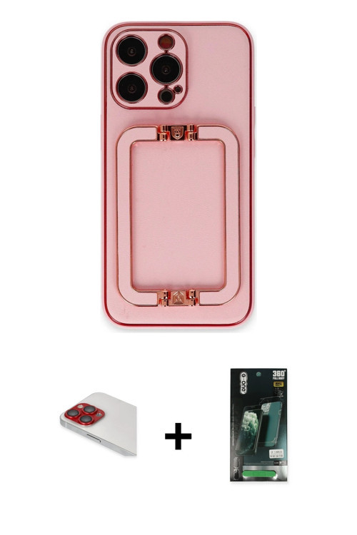 iPhone 13 Pro Max Kılıf Kozmos Minimal Prime - Şeffaf 360 Full Body Arka Koruyucu + Kırmızı Per