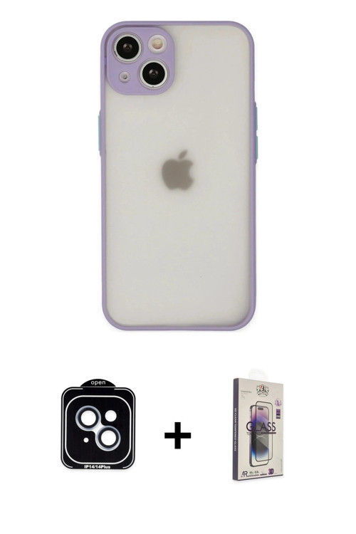 iPhone 14 Kılıf Ahenk Çizgi Serisi - Siyah Bilvis 3D Cam Ekran Koruyucu + Mavi PVD Metal Kamera