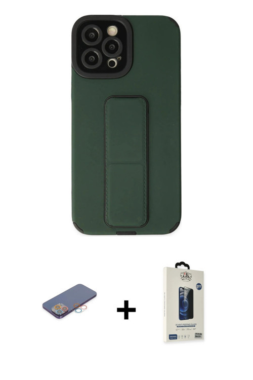 iPhone 12 Pro Max Kılıf Çekirdek Yansıma - Siyah Bilvis Hayalet Cam Ekran Koruyucu + Pembe Renk