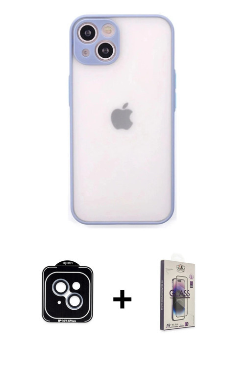 iPhone 14 Kılıf Ahenk Çizgi Serisi - Siyah Bilvis 3D Cam Ekran Koruyucu + Mavi PVD Metal Kamera