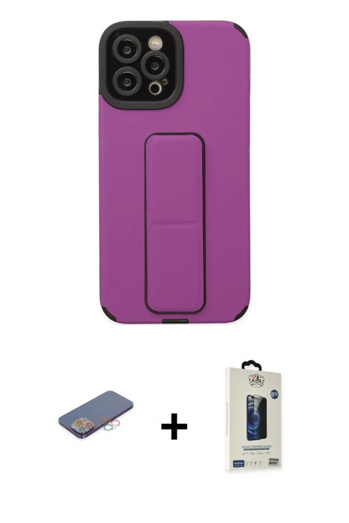 iPhone 12 Pro Max Kılıf Çekirdek Yansıma - Siyah Bilvis Hayalet Cam Ekran Koruyucu + Pembe Renk