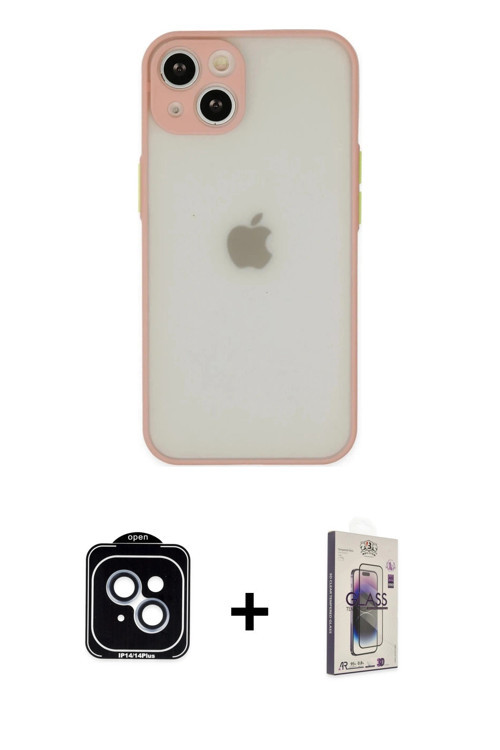 iPhone 14 Kılıf Ahenk Çizgi Serisi - Siyah Bilvis 3D Cam Ekran Koruyucu + Mavi PVD Metal Kamera