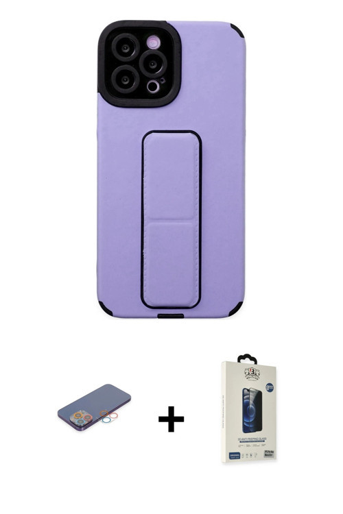 iPhone 12 Pro Max Kılıf Çekirdek Yansıma - Siyah Bilvis Hayalet Cam Ekran Koruyucu + Pembe Renk