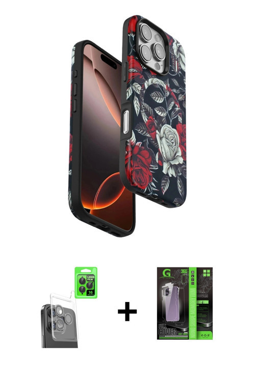 ieg™ iPhone 16 Pro Max Kılıf Siluet Doku - Şeffaf 360 Full Body Arka Koruyucu + Siyah Raze Metal Kam