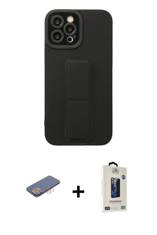 iPhone 12 Pro Max Kılıf Çekirdek Yansıma - Siyah Bilvis Hayalet Cam Ekran Koruyucu + Pembe Renk