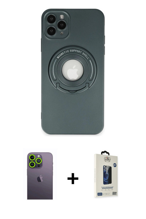 ieg™ iPhone 12 Pro Max Kılıf Eksen Klasik Prime - Siyah Bilvis Hayalet Cam Ekran Koruyucu + Yeşil Ne