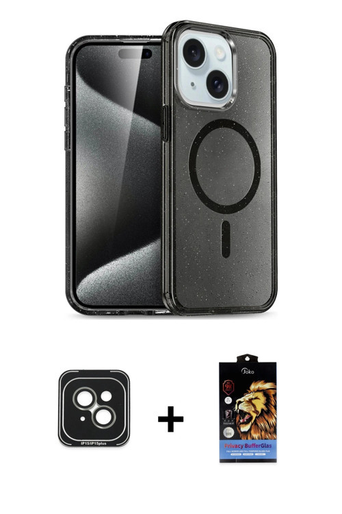 ieg™ iPhone 15 Kılıf Nova Asil Prime - Siyah Buffer Hayalet Cam Ekran Koruyucu + Yeşil PVD Metal Kam
