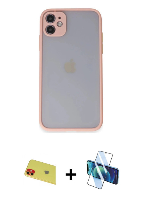 ieg™ iPhone 11 Kılıf Ahenk Çizgi Serisi - Siyah 3D Antistatik Cam Ekran Koruyucu + Kırmızı Rainbow K
