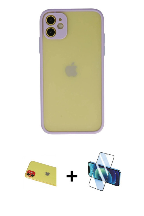 ieg™ iPhone 11 Kılıf Ahenk Çizgi Serisi - Siyah 3D Antistatik Cam Ekran Koruyucu + Kırmızı Rainbow K