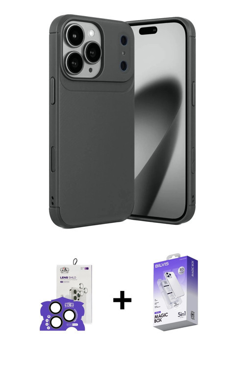 ieg™ iPhone 17 Pro Max Kılıf Eksen Form Prime - Siyah Bilvis 5in1 3D Magic Cam Ekran Koruyucu + Natu
