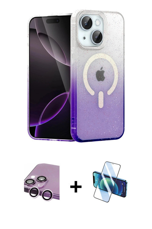 ieg™ iPhone 14 Kılıf Eksen Minimal Özel Seri - Siyah 3D Antistatik Cam Ekran Koruyucu + Mor Raze Met