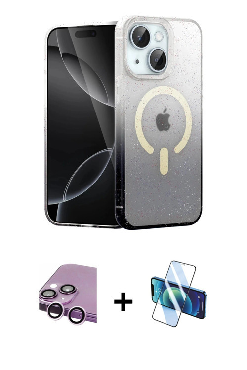 ieg™ iPhone 14 Kılıf Eksen Minimal Özel Seri - Siyah 3D Antistatik Cam Ekran Koruyucu + Mor Raze Met