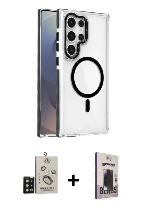 ieg™ Galaxy S25 Ultra Kılıf Kozmos Doku Koleksiyonu - Siyah Bilvis Hayalet Cam Ekran Koruyucu + Siya