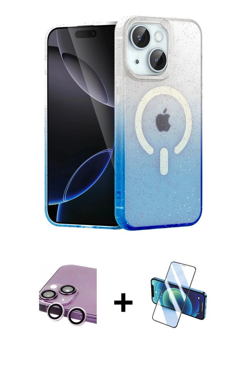 ieg™ iPhone 14 Kılıf Eksen Minimal Özel Seri - Siyah 3D Antistatik Cam Ekran Koruyucu + Mor Raze Met