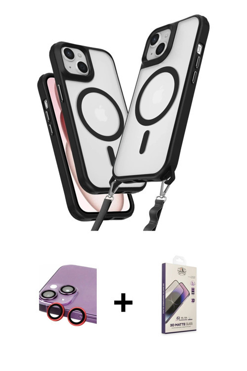 ieg™ iPhone 14 Kılıf Atlas Doku Koleksiyonu - Siyah Bilvis 3D Mat Cam Ekran Koruyucu + Kırmızı Raze