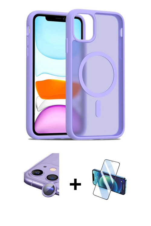 ieg™ iPhone 11 Kılıf Siluet Minimal Prime - Siyah 3D Antistatik Cam Ekran Koruyucu + Mor Raze Metal