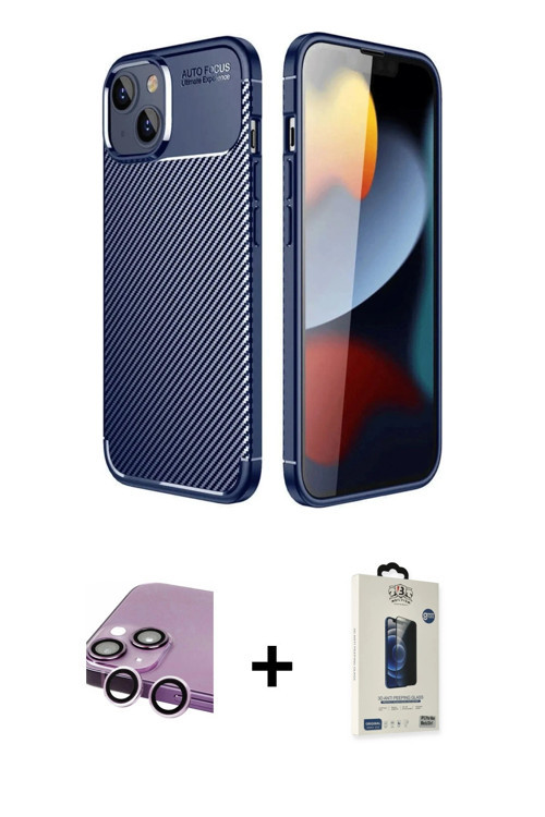 ieg™ iPhone 14 Kılıf Eksen Form Prime - Siyah Bilvis Hayalet Cam Ekran Koruyucu + Mor Raze Metal Kam