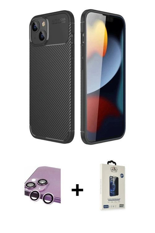 ieg™ iPhone 14 Kılıf Eksen Form Prime - Siyah Bilvis Hayalet Cam Ekran Koruyucu + Mor Raze Metal Kam