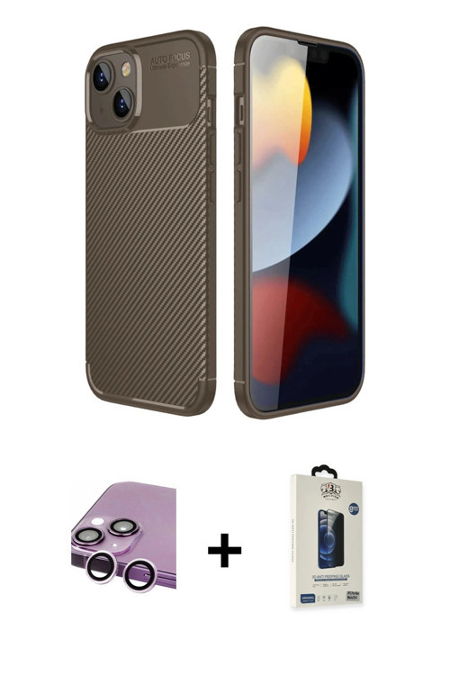 ieg™ iPhone 14 Kılıf Eksen Form Prime - Siyah Bilvis Hayalet Cam Ekran Koruyucu + Mor Raze Metal Kam