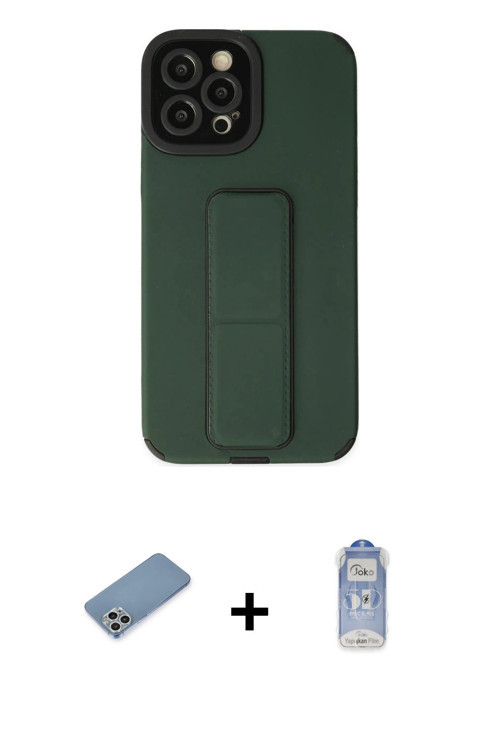 ieg™ iPhone 12 Pro Max Kılıf Çekirdek Yansıma - Siyah Joko Magic 5D Cam + Gümüş Shine Kamera Lens Ko