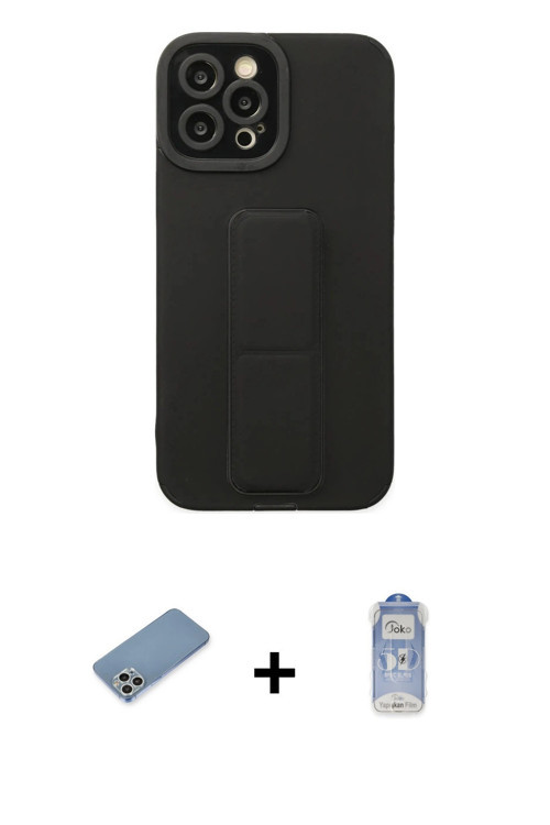 ieg™ iPhone 12 Pro Max Kılıf Çekirdek Yansıma - Siyah Joko Magic 5D Cam + Gümüş Shine Kamera Lens Ko