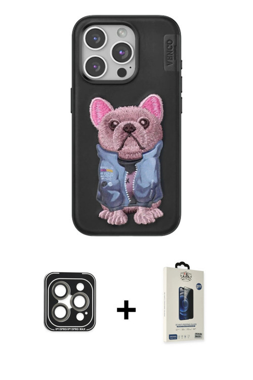 ieg™ iPhone 15 Pro Max Kılıf İz Minimal Koleksiyonu - Siyah Bilvis Hayalet Cam Ekran Koruyucu + Gri