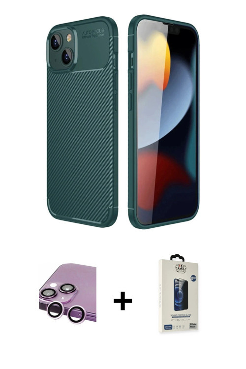 ieg™ iPhone 14 Kılıf Eksen Form Prime - Siyah Bilvis Hayalet Cam Ekran Koruyucu + Mor Raze Metal Kam
