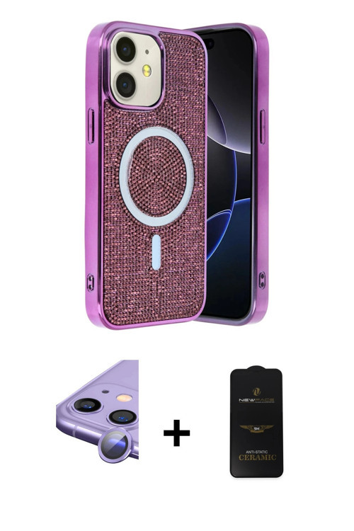 ieg™ iPhone 11 Kılıf Eksen Çizgi - Siyah 6D Antistatik Mat Seramik Hayalet Nano Ekran Koruyucu + Mor